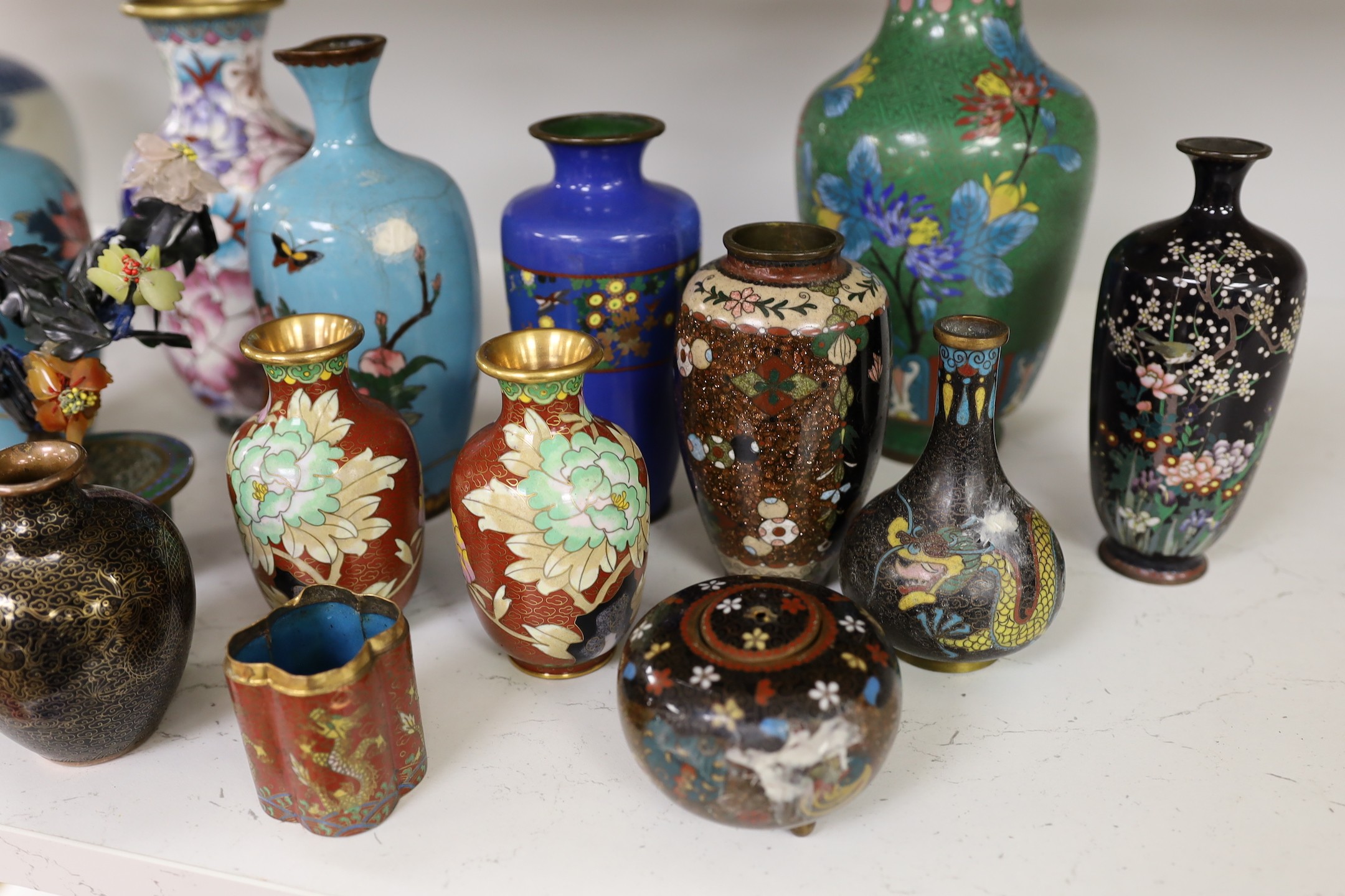 A group of Chinese and Japanese cloisonné enamel vases etc. tallest 22cm